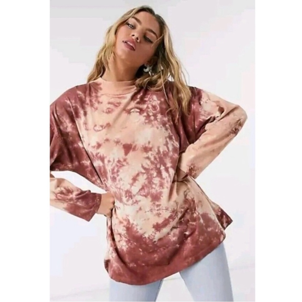 We The Free Pink and Brown Crew Neck Oversized Long Sleeve Top